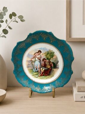 Victoria Austria Hand Painted Romantic Figural Cabinet Plate Turquoise 11”